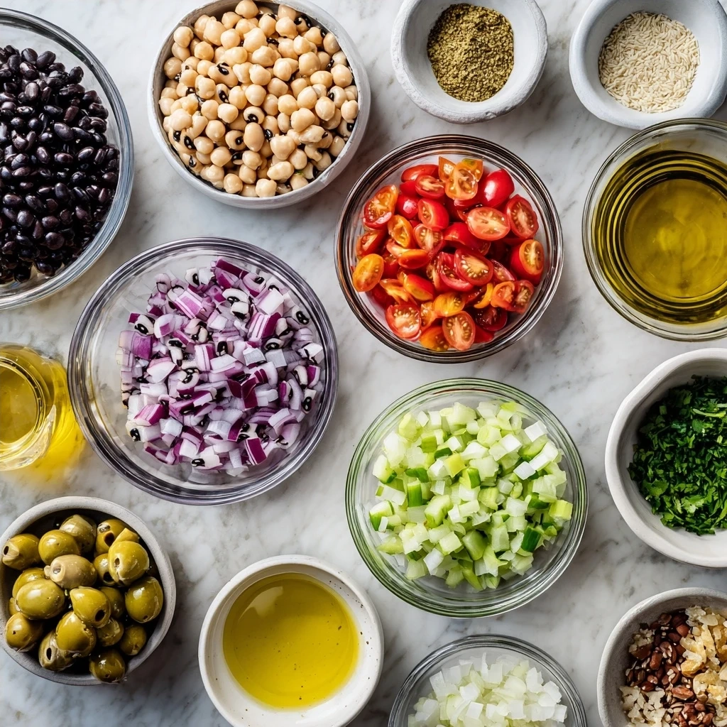 Ingredients for Black-Eyed Pea Salad including black-eyed peas, red bell pepper, red onion, jalapeno, cilantro, olive oil, apple cider vinegar, lime juice, Dijon mustard, smoked paprika, garlic powder, salt, and pepper.