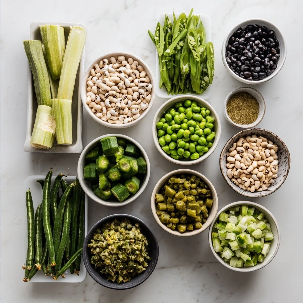 Ingredients for Black-Eyed Peas Okra Stew including black eyed peas, okra, and spices