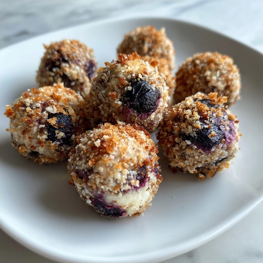 Finished Blueberry Cheesecake Protein Bites on a plate.