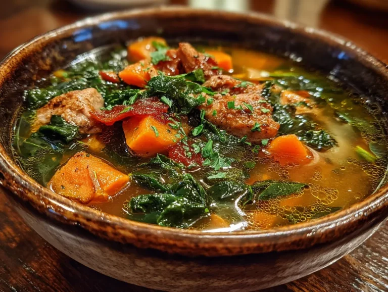 Bowl of Sausage Sweet Potato Kale Soup