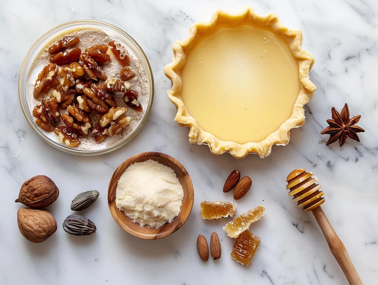 Ingredients for making Burnt Honey Pie including flour, butter, eggs, honey, and sugar.