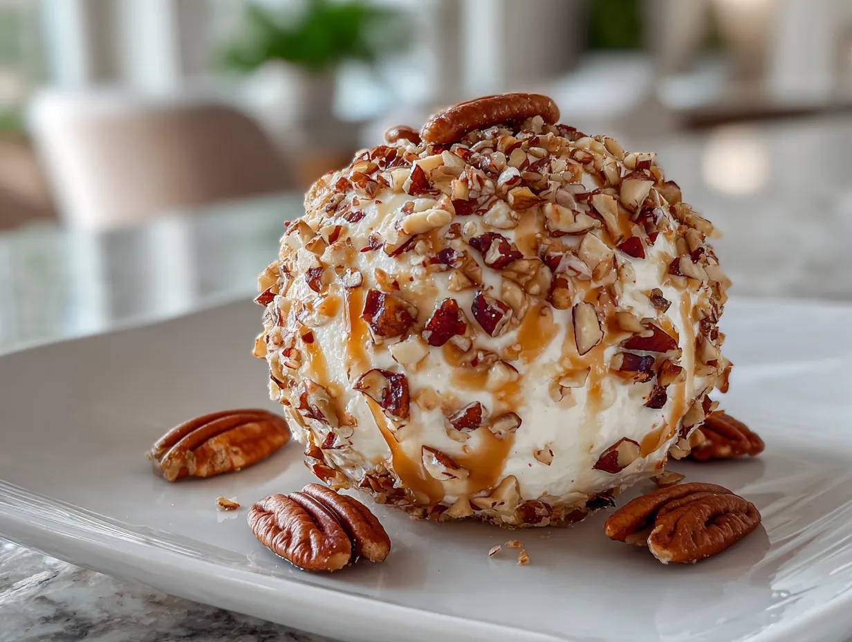 Finished Caramel Apple Cheese Ball on a platter with apple slices and graham crackers