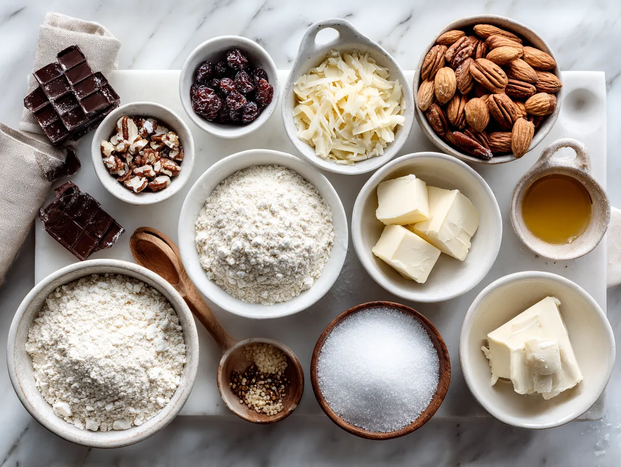 All the ingredients you need for a classic cheese ball recipe, laid out on a marble countertop.