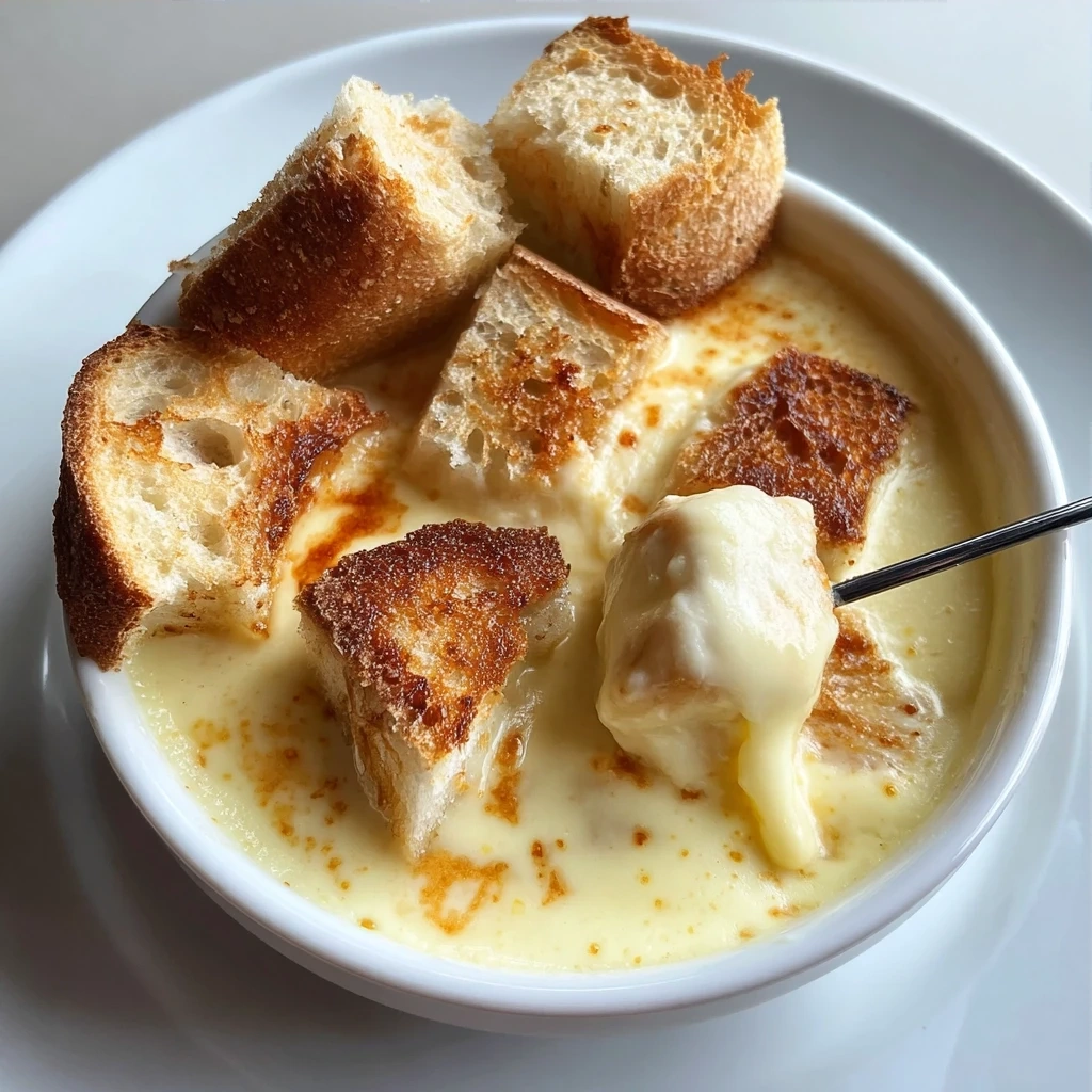 Cheese Fondue Recipe served with bread and dippers.
