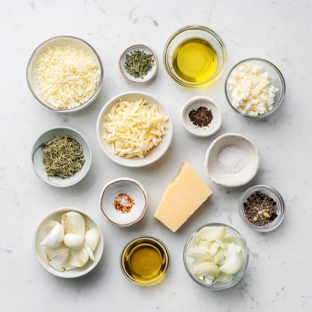 Ingredients for Cheese Fondue Recipe including garlic, white wine, lemon juice, gruyere cheese, emmentaler cheese, cornstarch, kirsch, nutmeg, and black pepper