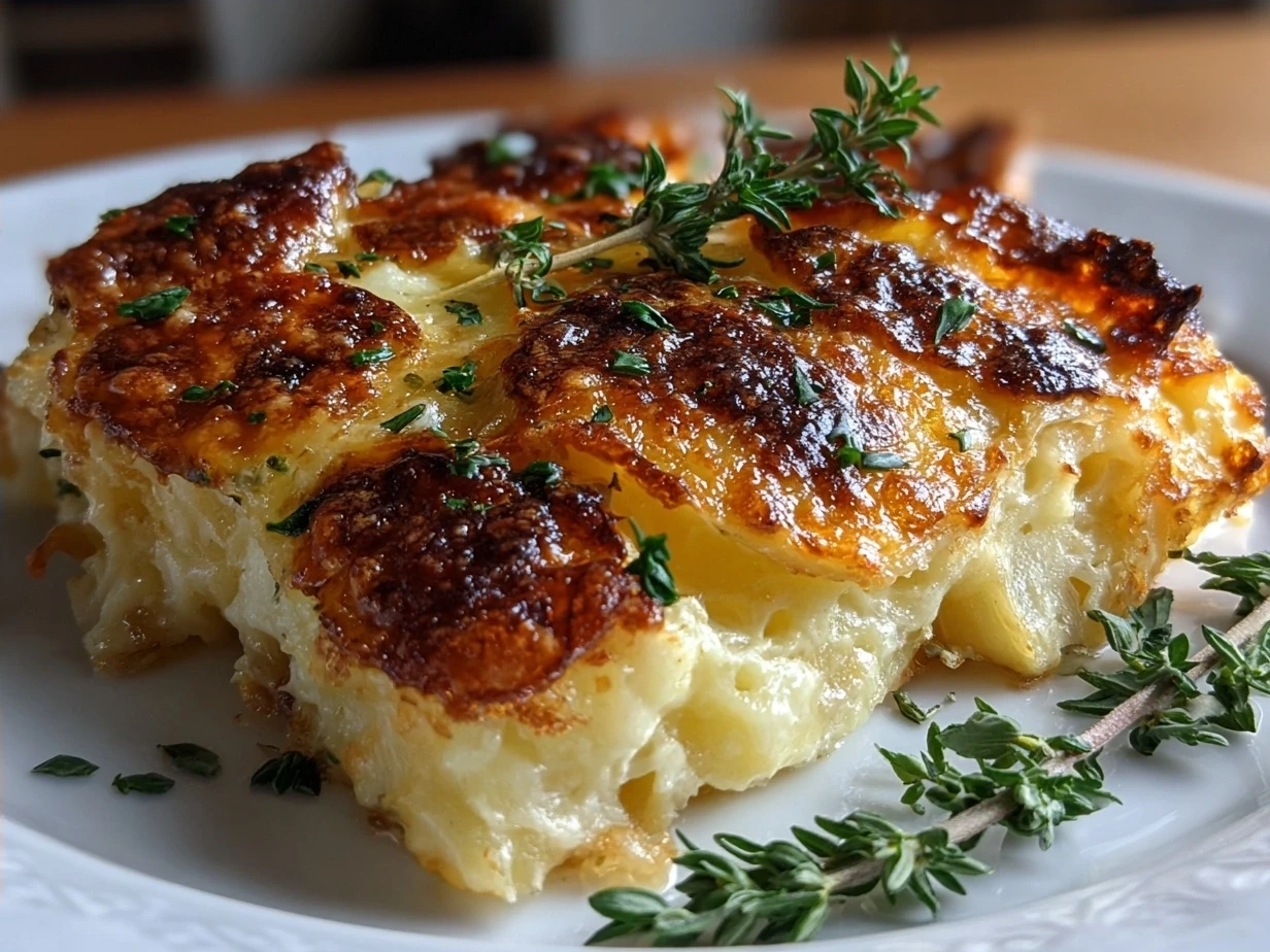 Finished Cheesy Au Gratin Potatoes Recipe in a baking dish, golden brown and bubbly.