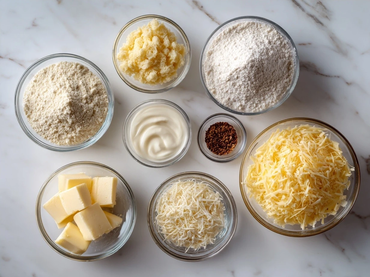 Ingredients for Cheesy Au Gratin Potatoes Recipe including Yukon Gold potatoes, butter, onion, garlic, heavy cream, salt, pepper, nutmeg, Gruyere cheese, cheddar cheese, and parsley.
