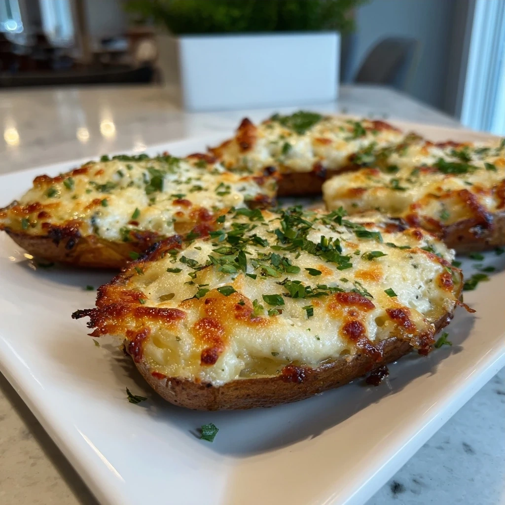 Finished Cheesy Potato Skins, golden brown with melted cheese, bacon, sour cream, and green onions.