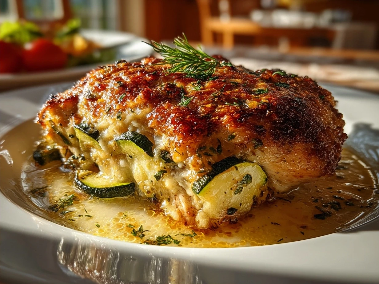 Finished chicken and zucchini bake with melted cheese and parsley garnish.