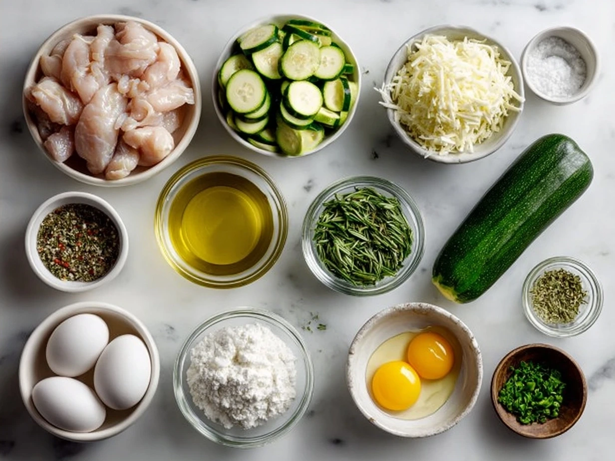 Ingredients for chicken and zucchini bake: chicken, zucchini, onion, garlic, soup, sour cream, milk, parmesan, mozzarella, and spices.