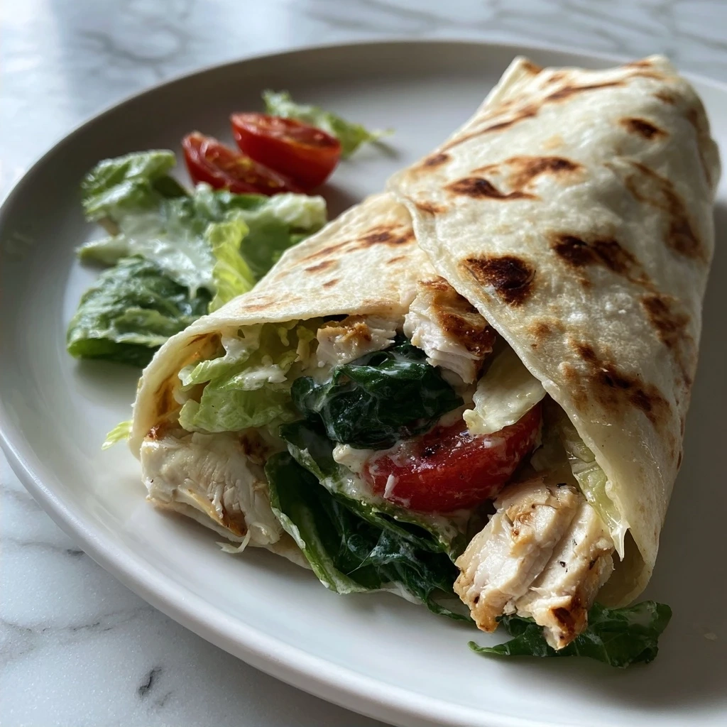 Final image of Chicken Caesar Wrap cut in half to show ingredients.