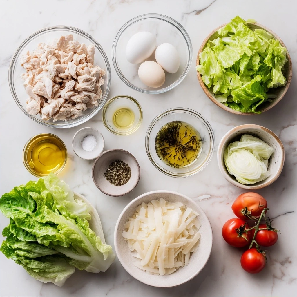 Ingredients for Chicken Caesar Wrap: chicken breasts, olive oil, garlic powder, smoked paprika, salt, pepper, tortillas, Romaine lettuce, Caesar dressing, Parmesan cheese, lemon wedges