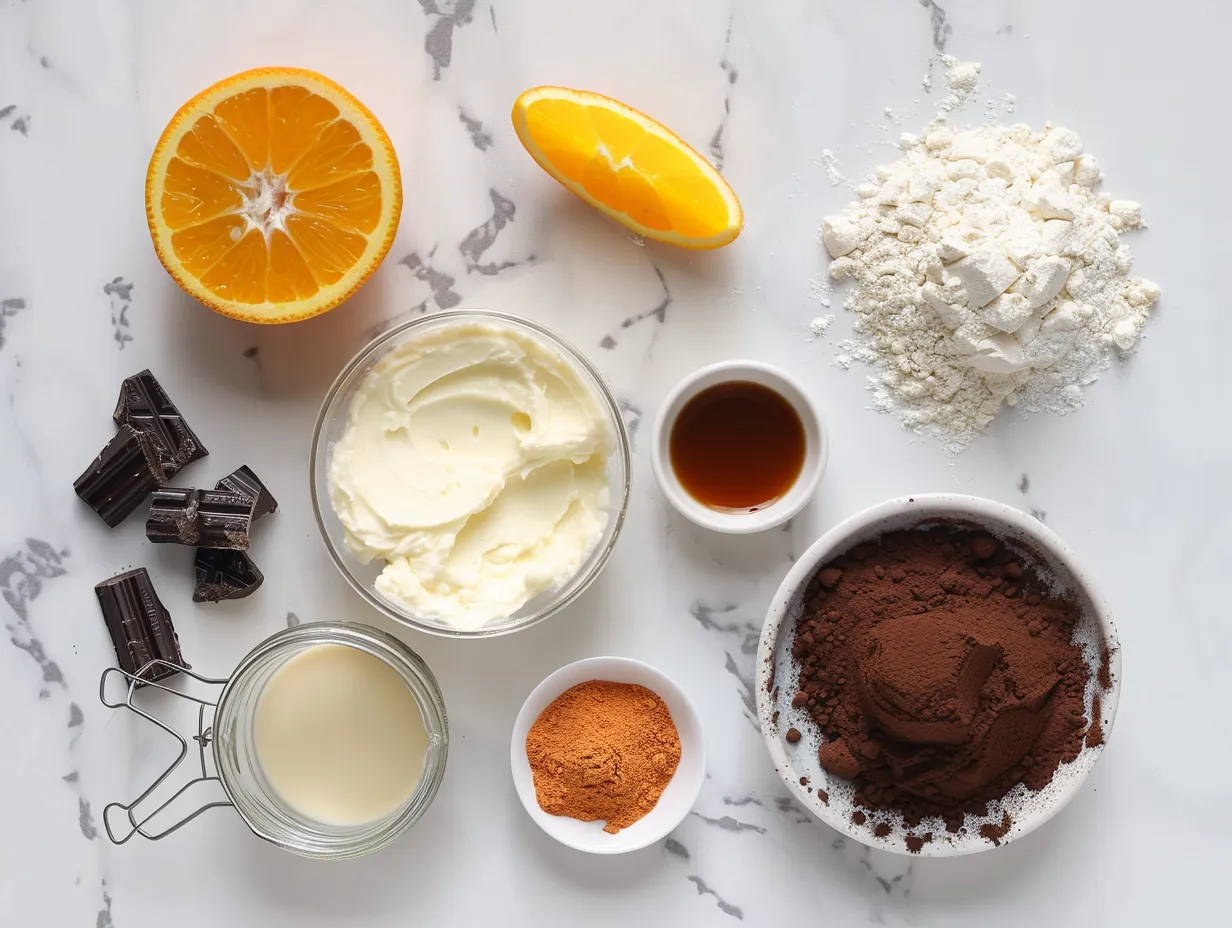 All the necessary ingredients for Chocolate Orange Cheesecake neatly arranged.