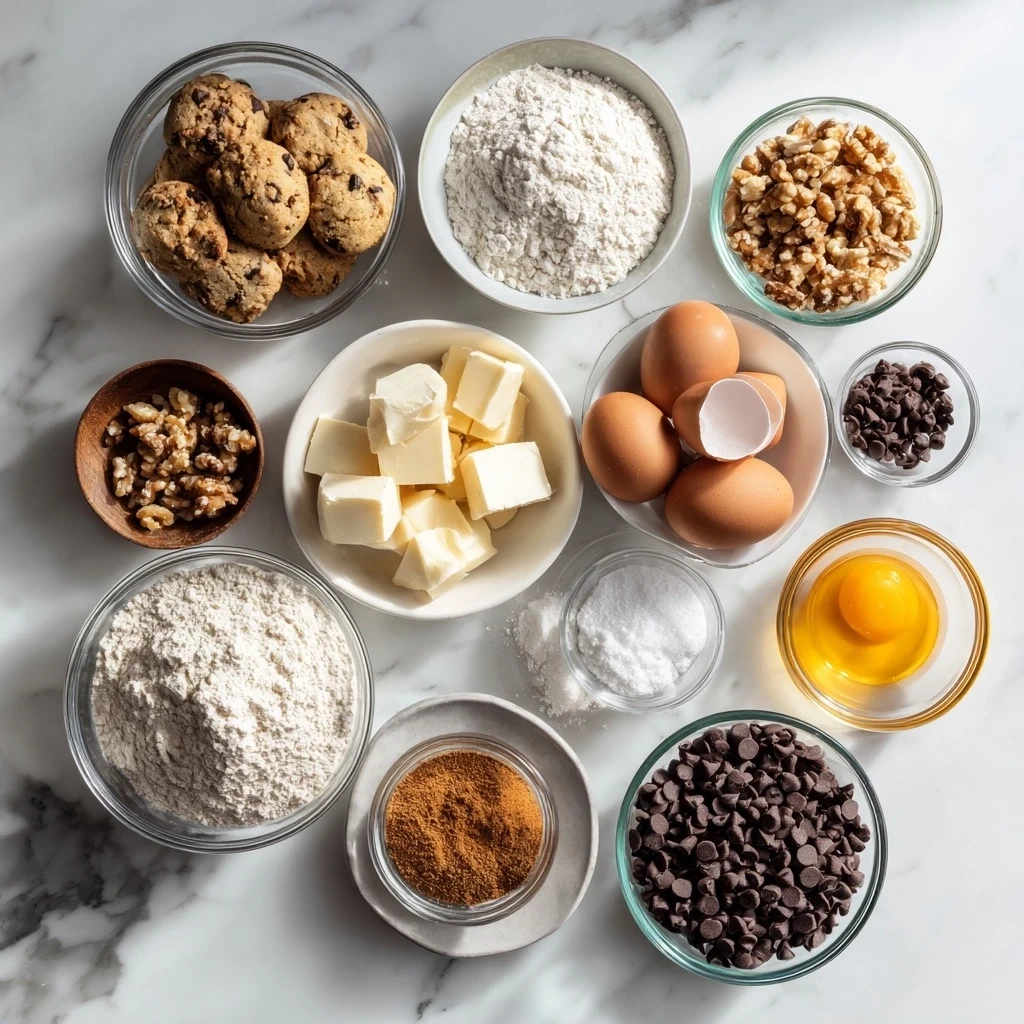 Ingredients for Chocolate Chip Cookie Pie including butter, sugar, eggs, vanilla, flour, baking soda, salt, and chocolate chips