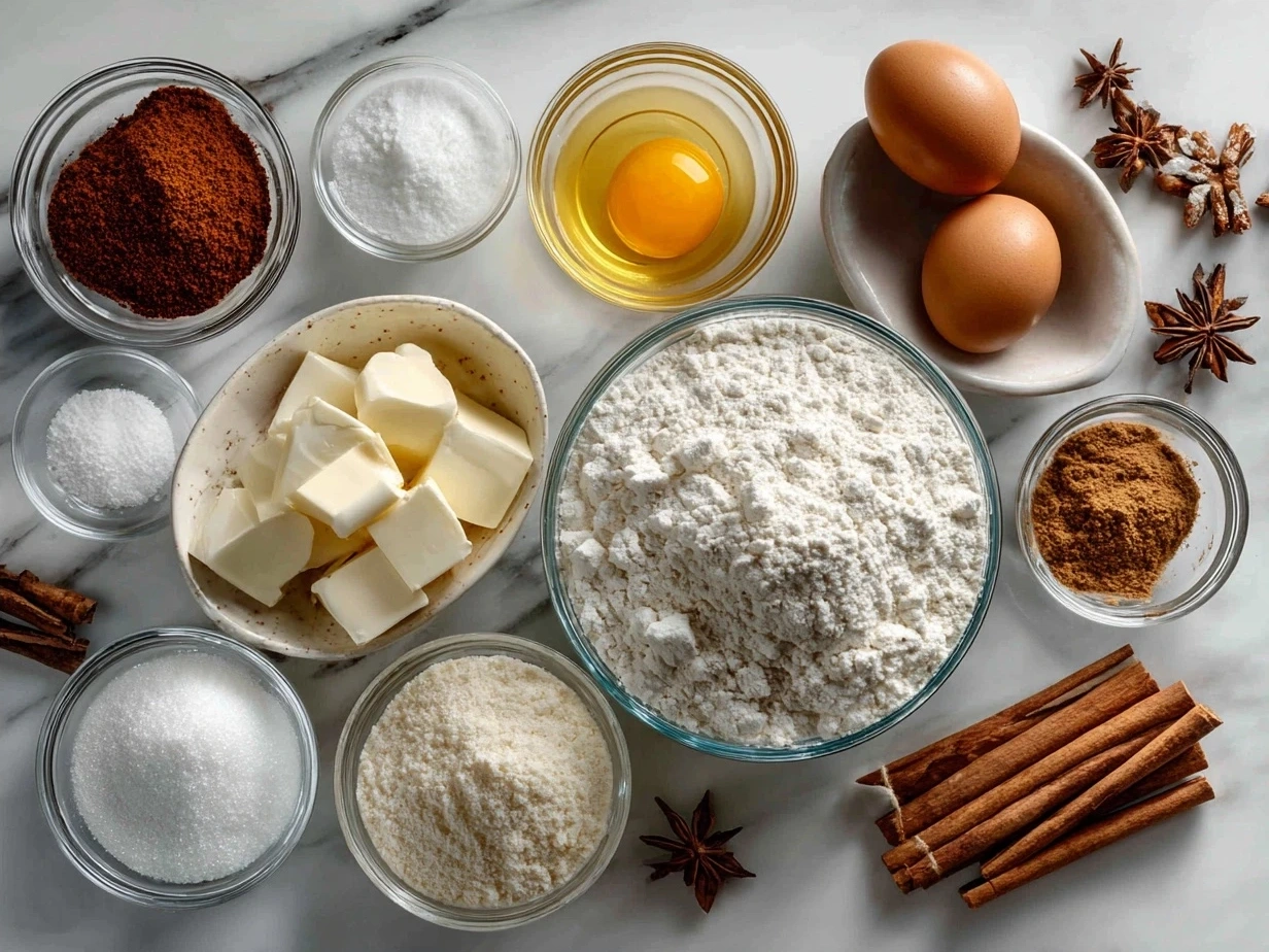 Ingredients for Christmas Pinwheel Cookies including flour, sugar, butter, eggs, extracts, food coloring, and cream cheese.
