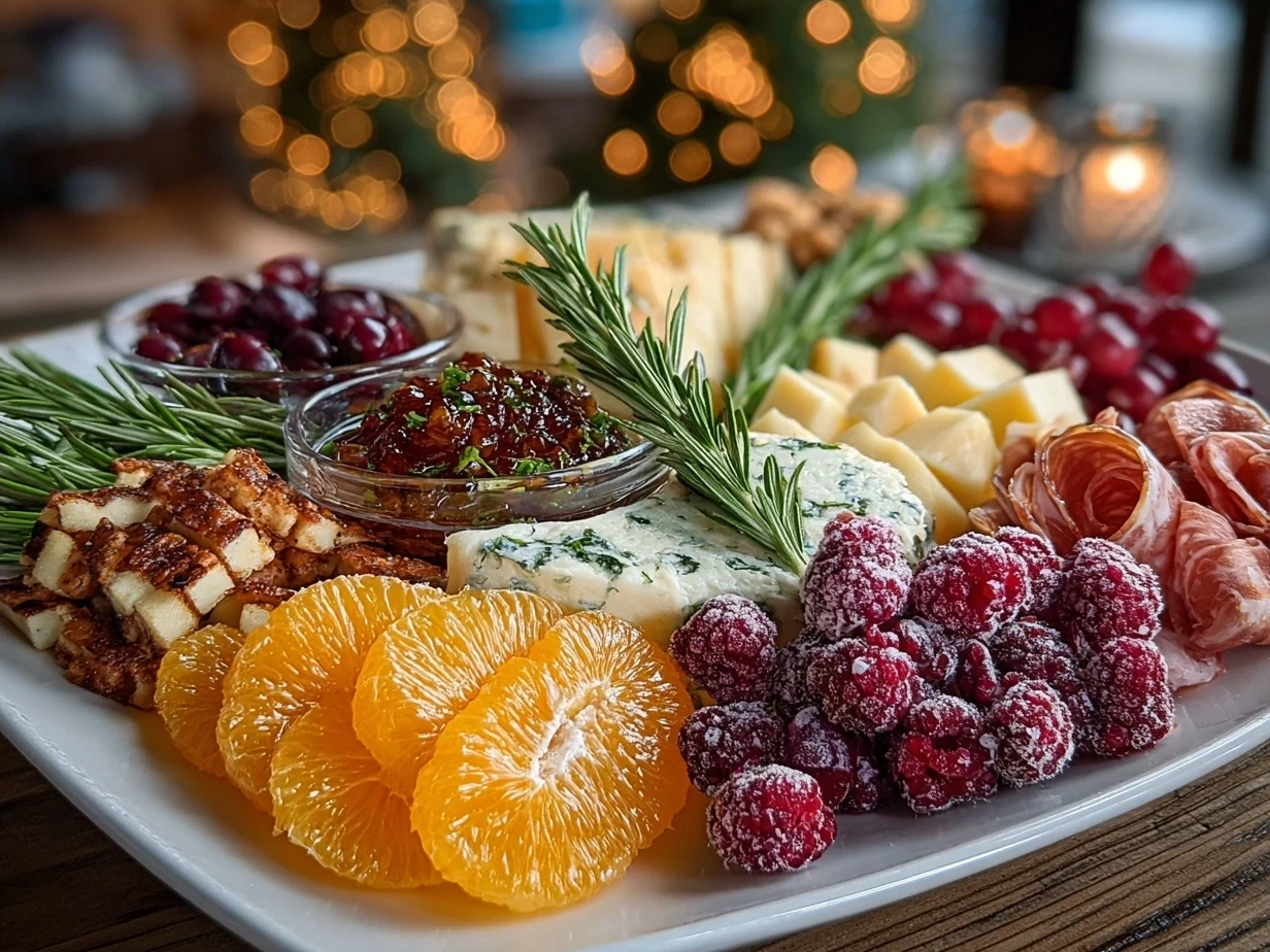 Finished Christmas Tree Charcuterie Board with festive garnishes.