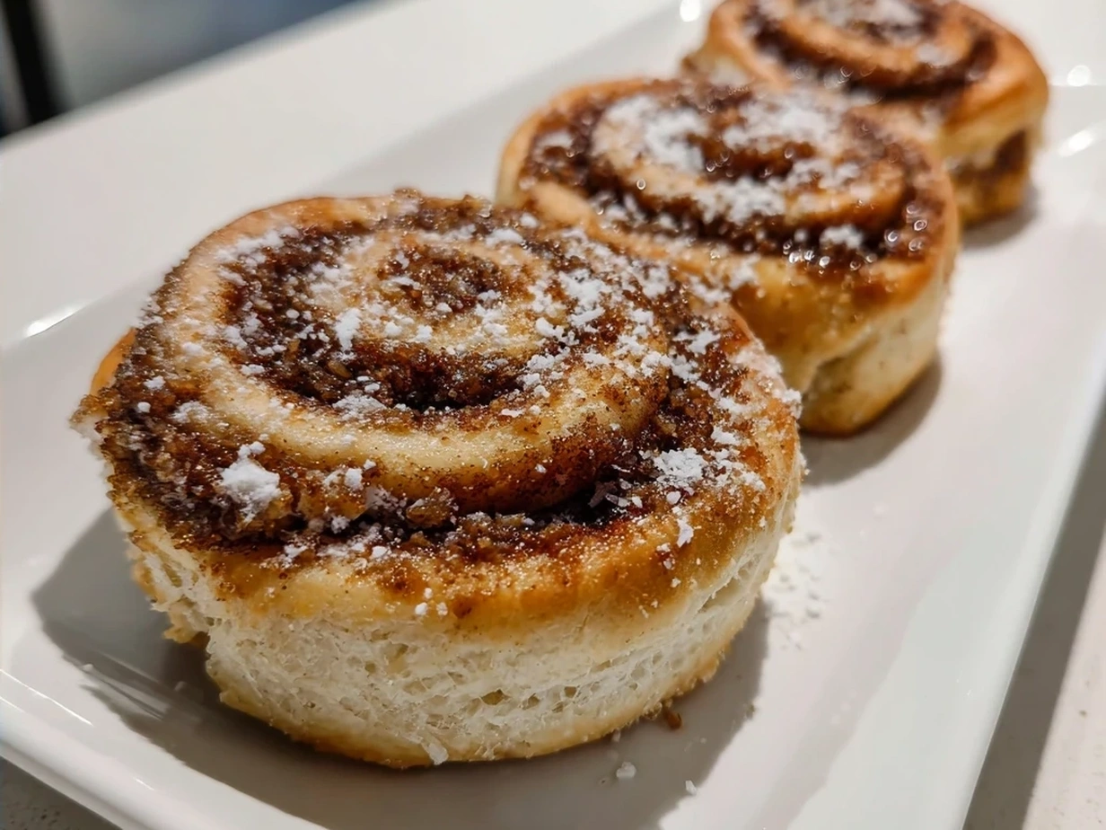Finished Cinnamon Roll Cookies arranged on a platter with a dusting of cinnamon.