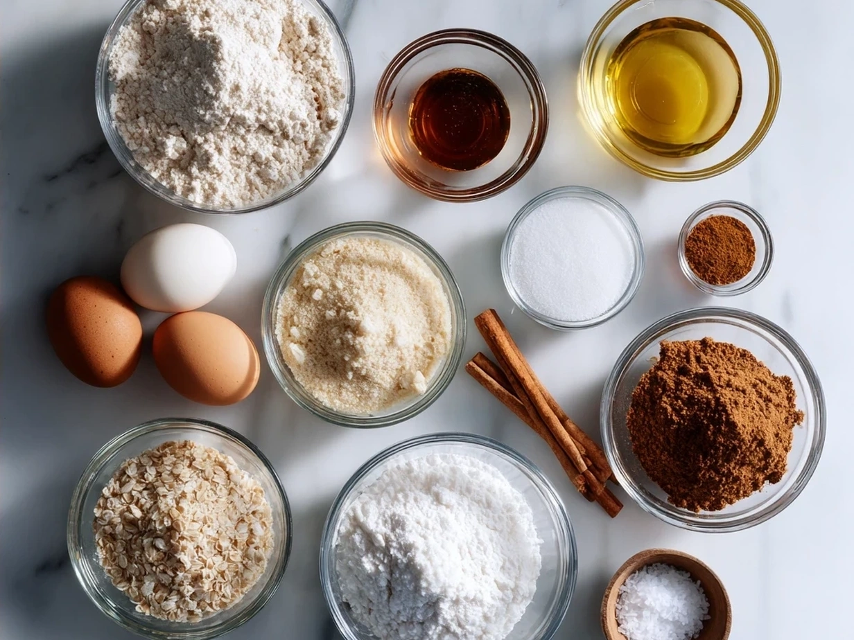 Ingredients for Cinnamon Roll Cookies including flour, sugar, butter, eggs, cinnamon and cream cheese frosting ingredients.