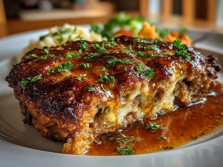 Close-up of a freshly baked Amish Hamburger Steak Bake