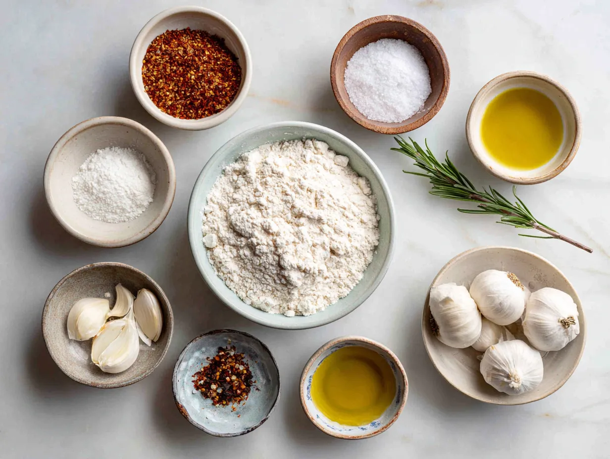 Close-up of ingredients for overnight no knead focaccia bread: flour, yeast, salt, olive oil, and water on a white marble surface