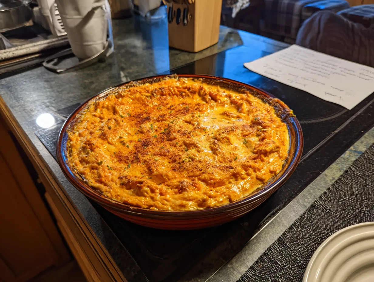 A close-up shot of a spoonful of cheesy, spicy buffalo chicken dip being lifted from a baking dish.