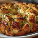 Close-up shot of a finished Garlic Bread Wreath with Baked Brie, showcasing the melted cheese and golden-brown crust.