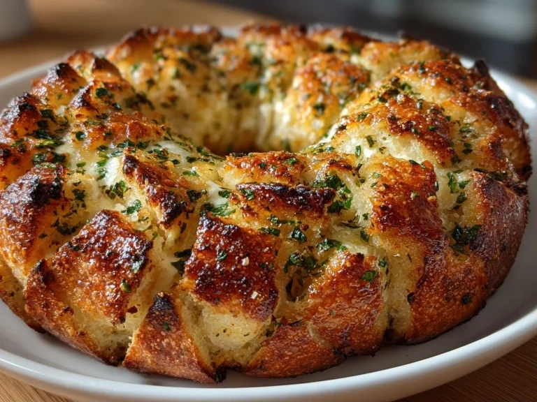Close-up shot of a finished Garlic Bread Wreath with Baked Brie, showcasing the melted cheese and golden-brown crust.