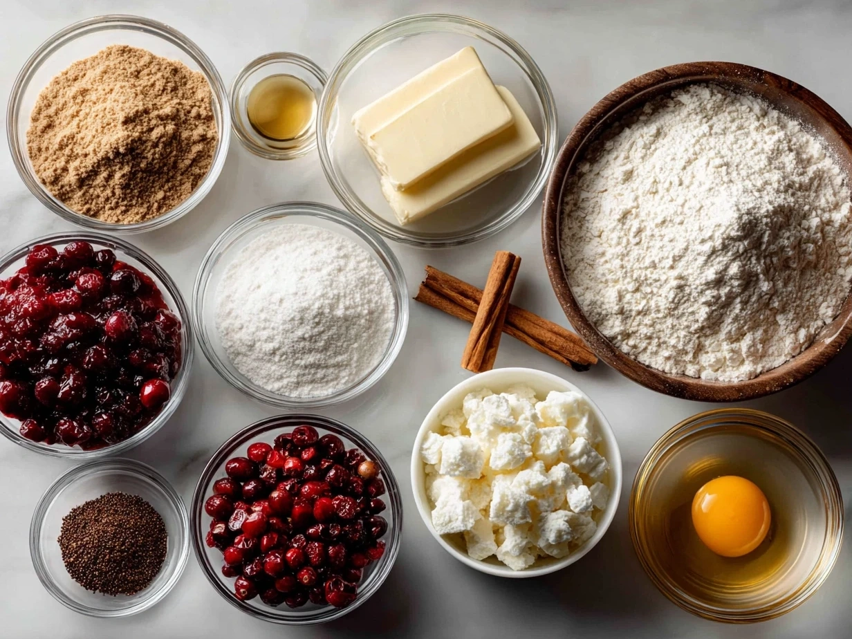 All the ingredients you need to make Cranberry Orange Bread with Glaze, including flour, sugar, butter, eggs, cranberries, and oranges.