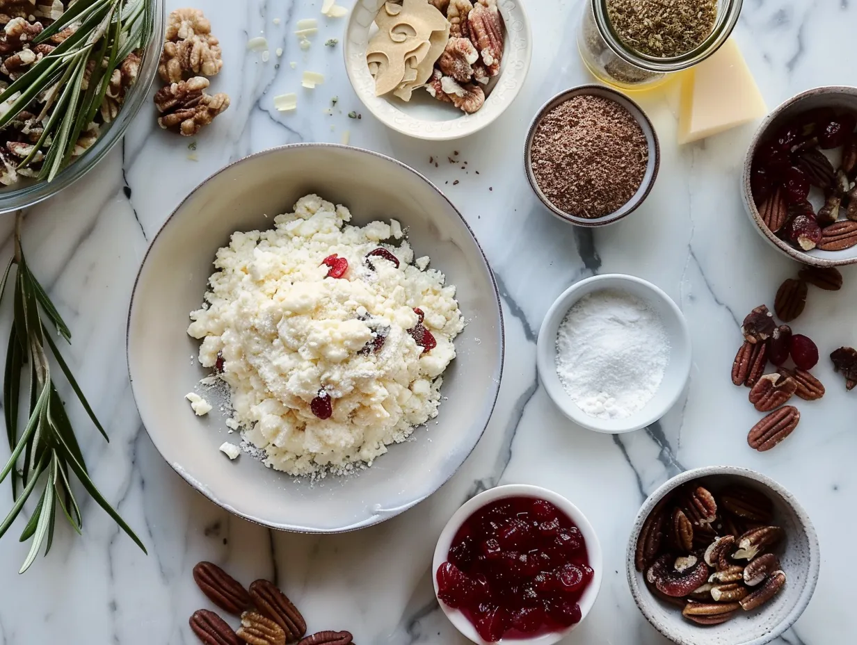 Ingredients for making a cranberry pecan cheesecake ball, including cream cheese, cranberries, and pecans.