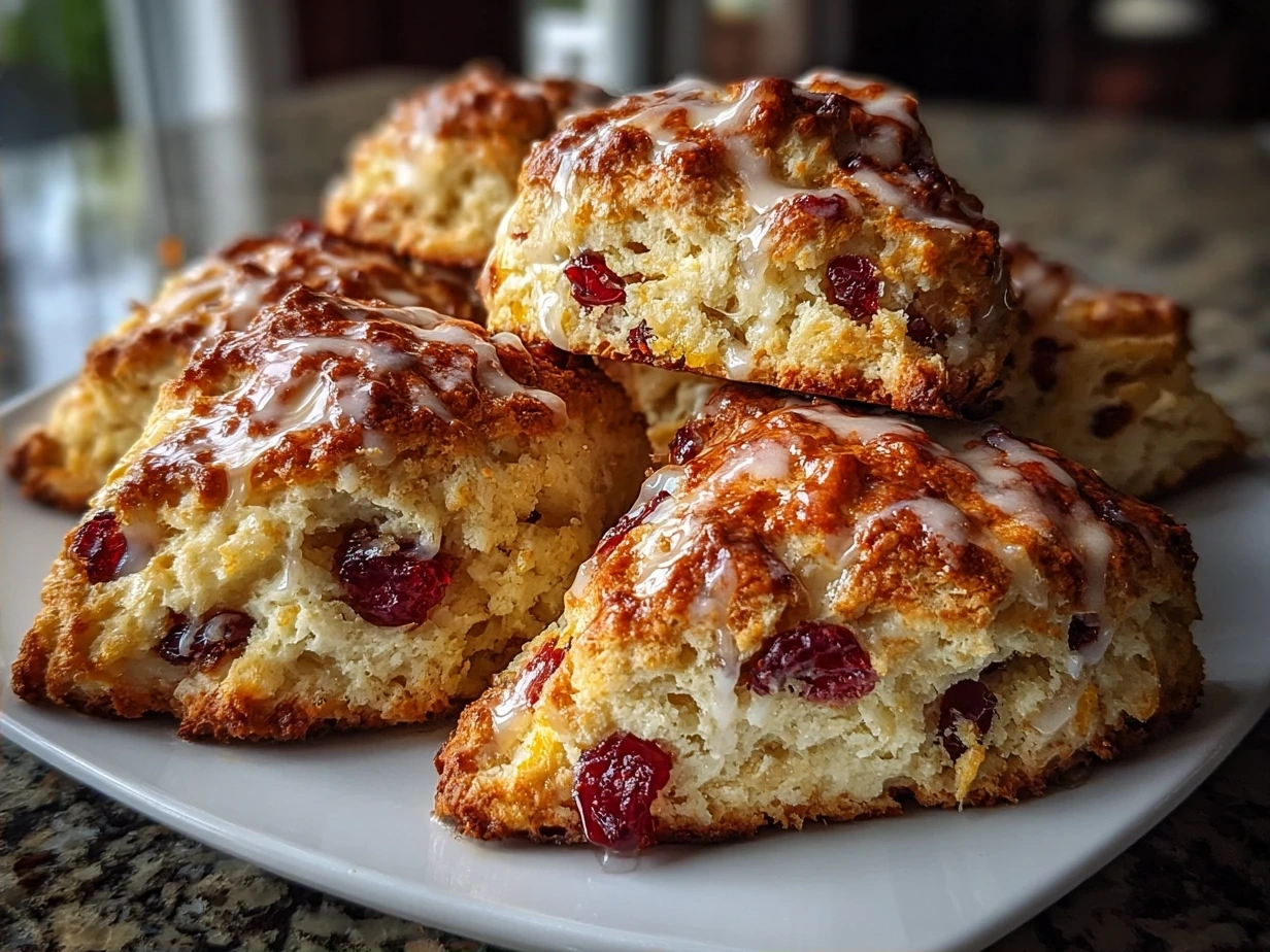 Finished Cranberry Orange Scones on a plate.