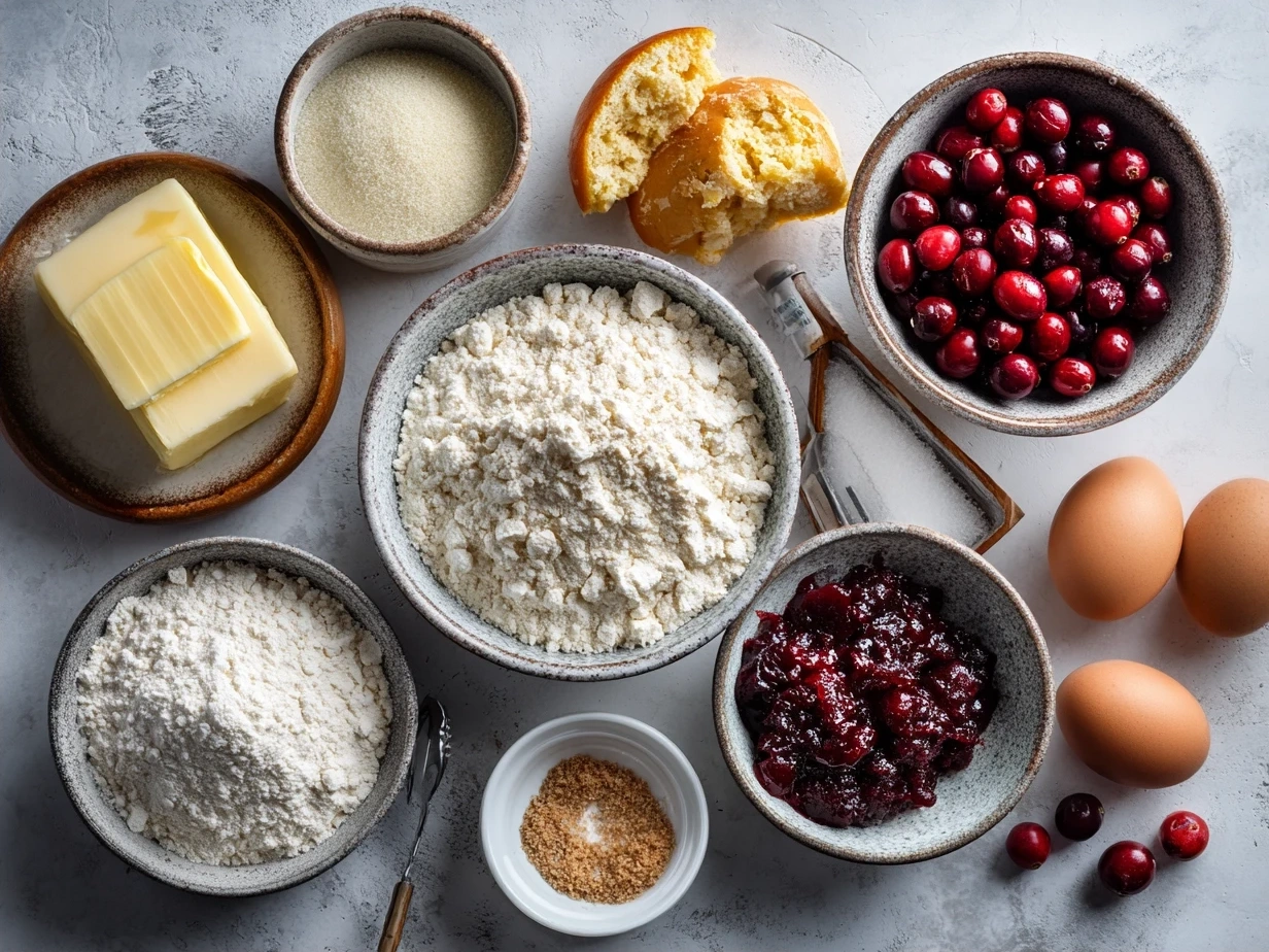 Ingredients for Cranberry Orange Scones including flour, sugar, baking powder, baking soda, salt, butter, cranberries, orange zest, buttermilk, and egg.