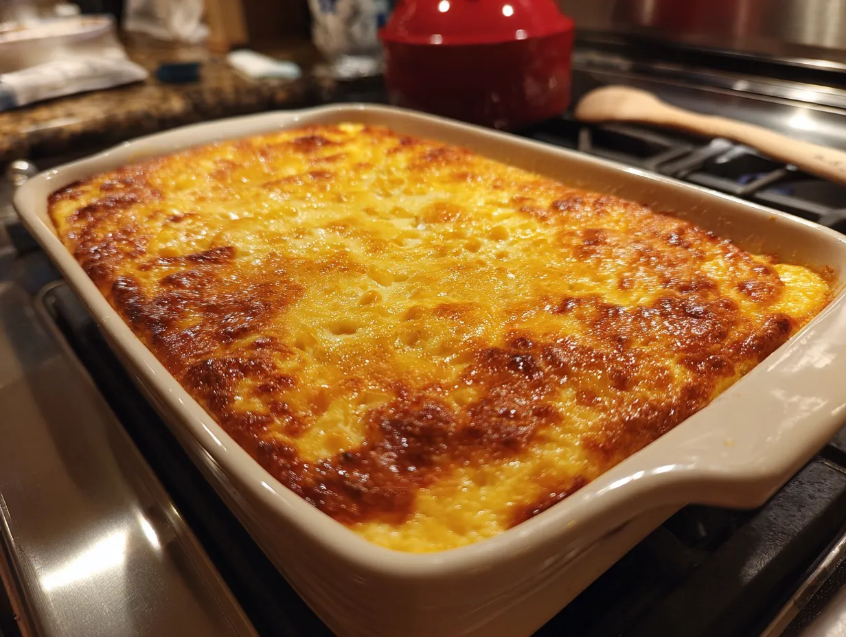Delicious Cream Cheese Corn Casserole, golden brown and ready to eat.