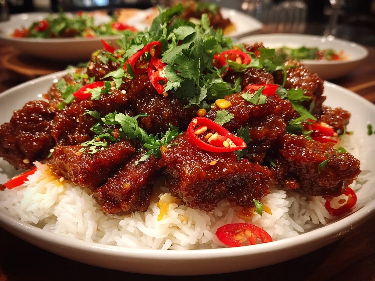 Finished Crispy Chilli Beef dish, garnished with sesame seeds and green onions.