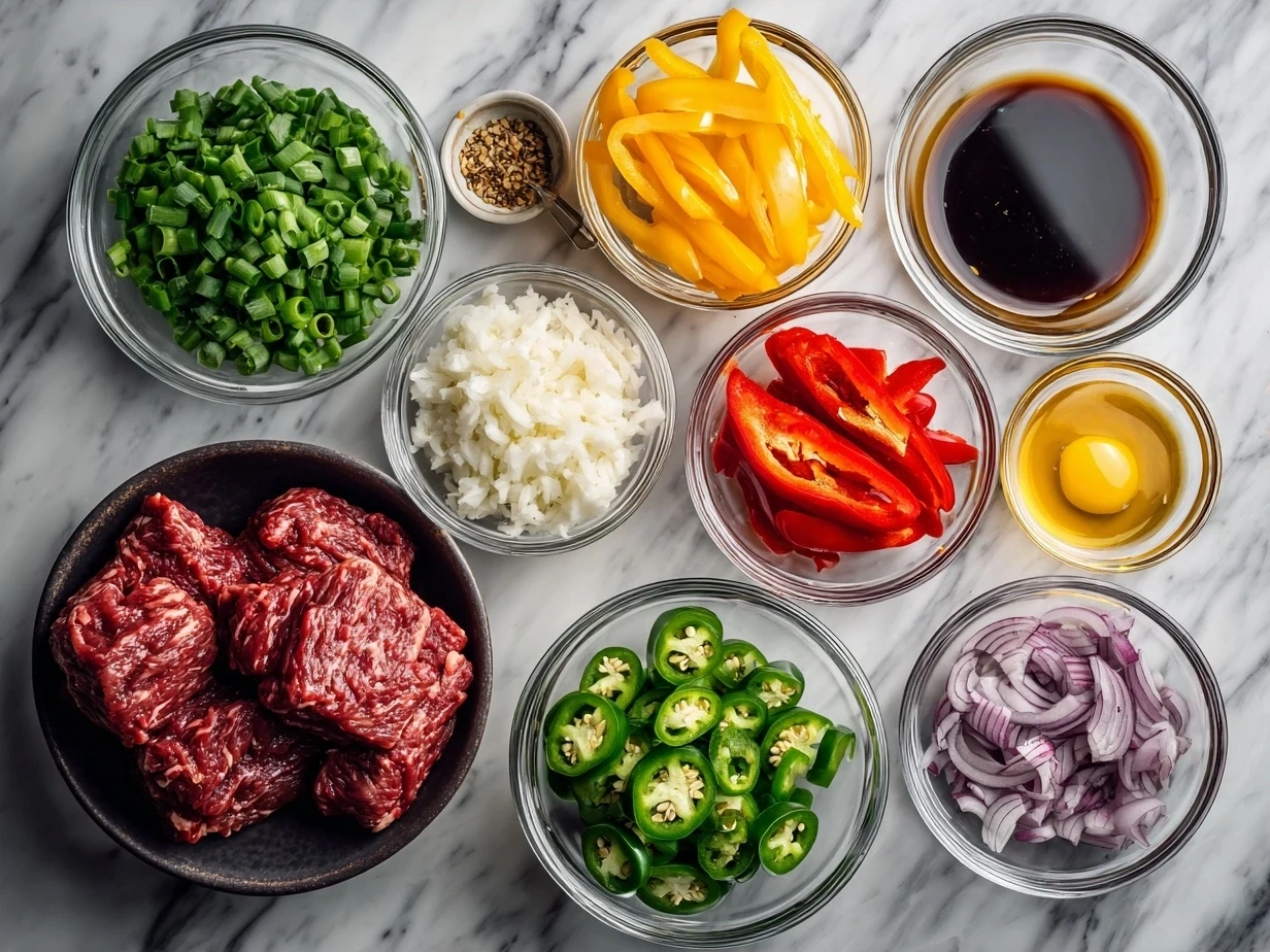 Ingredients for Crispy Chilli Beef: flank steak, cornstarch, soy sauce, rice vinegar, honey, sesame oil, sriracha, garlic, ginger, red bell pepper, green onions, vegetable oil, sesame seeds, and dried red chilies.