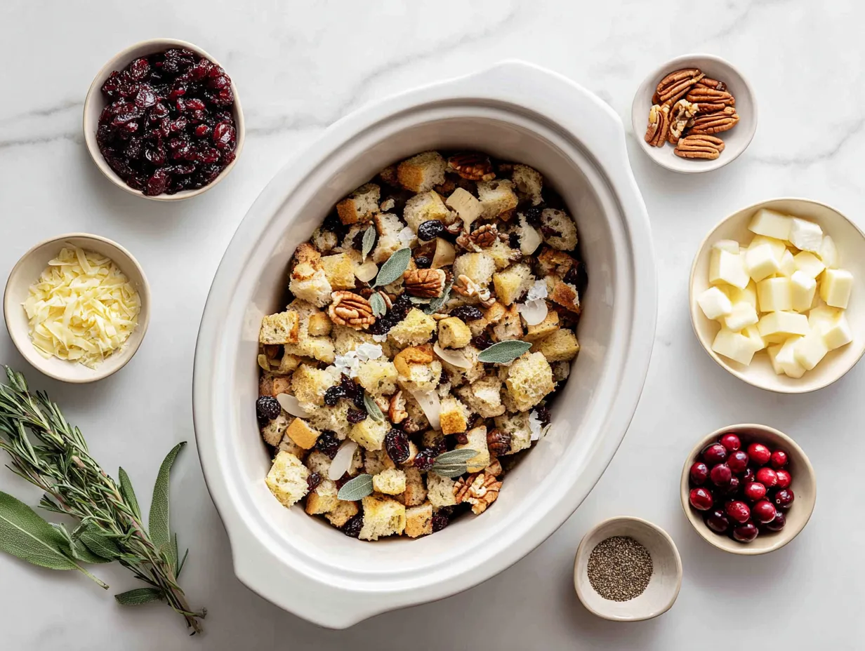 Ingredients for making Crockpot Stuffing, including bread, butter, onions, celery, and spices.