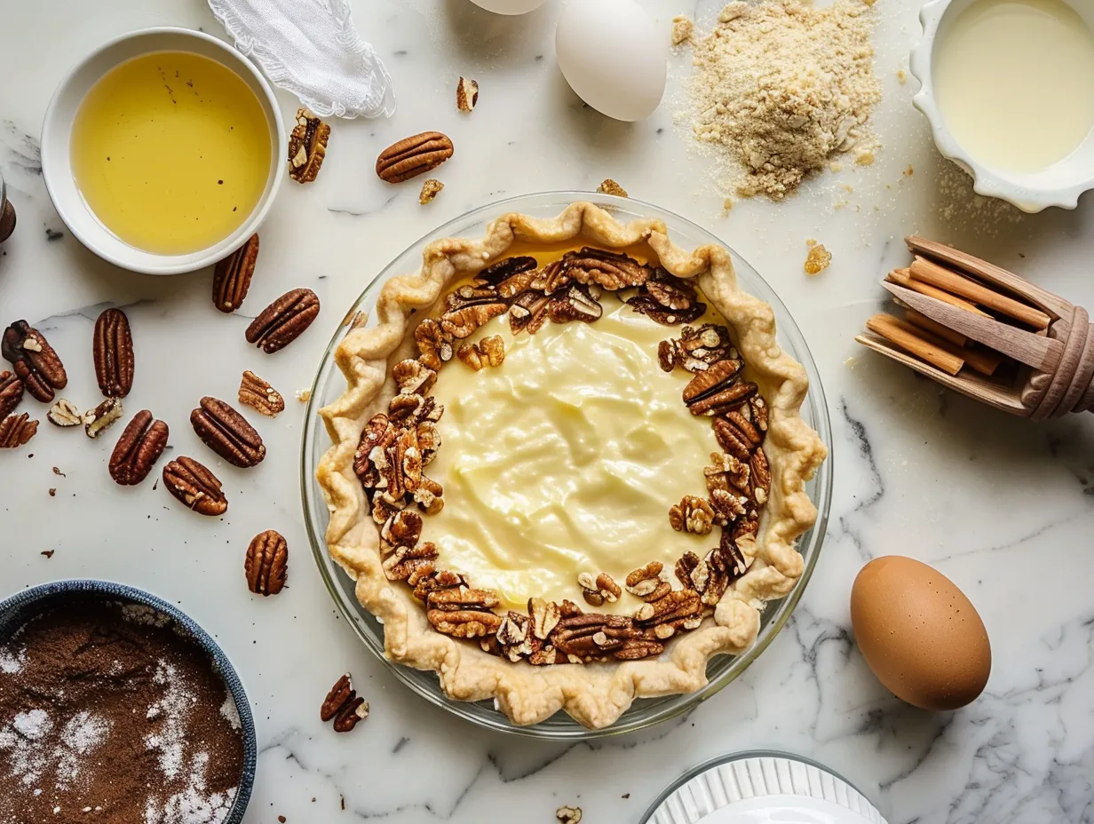 Ingredients for custard pie with praline sauce including heavy cream, eggs, brown sugar, butter, and pecans.