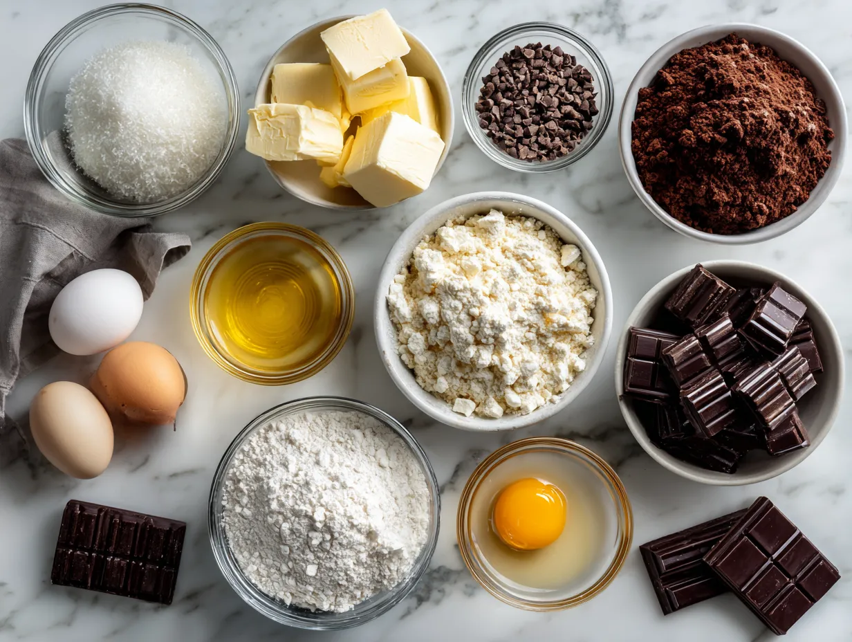 Ingredients for making dark chocolate chess pie laid out on a wooden surface
