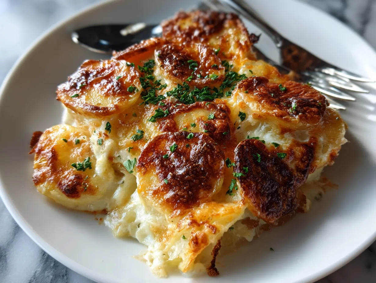Delicious homemade cheesy scalloped potatoes with a golden brown crust.