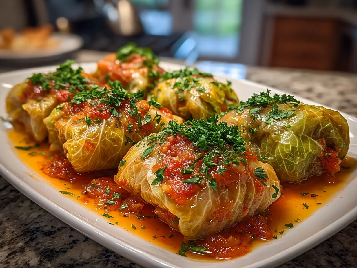 Deliciously prepared lentil bolognese stuffed cabbage rolls.