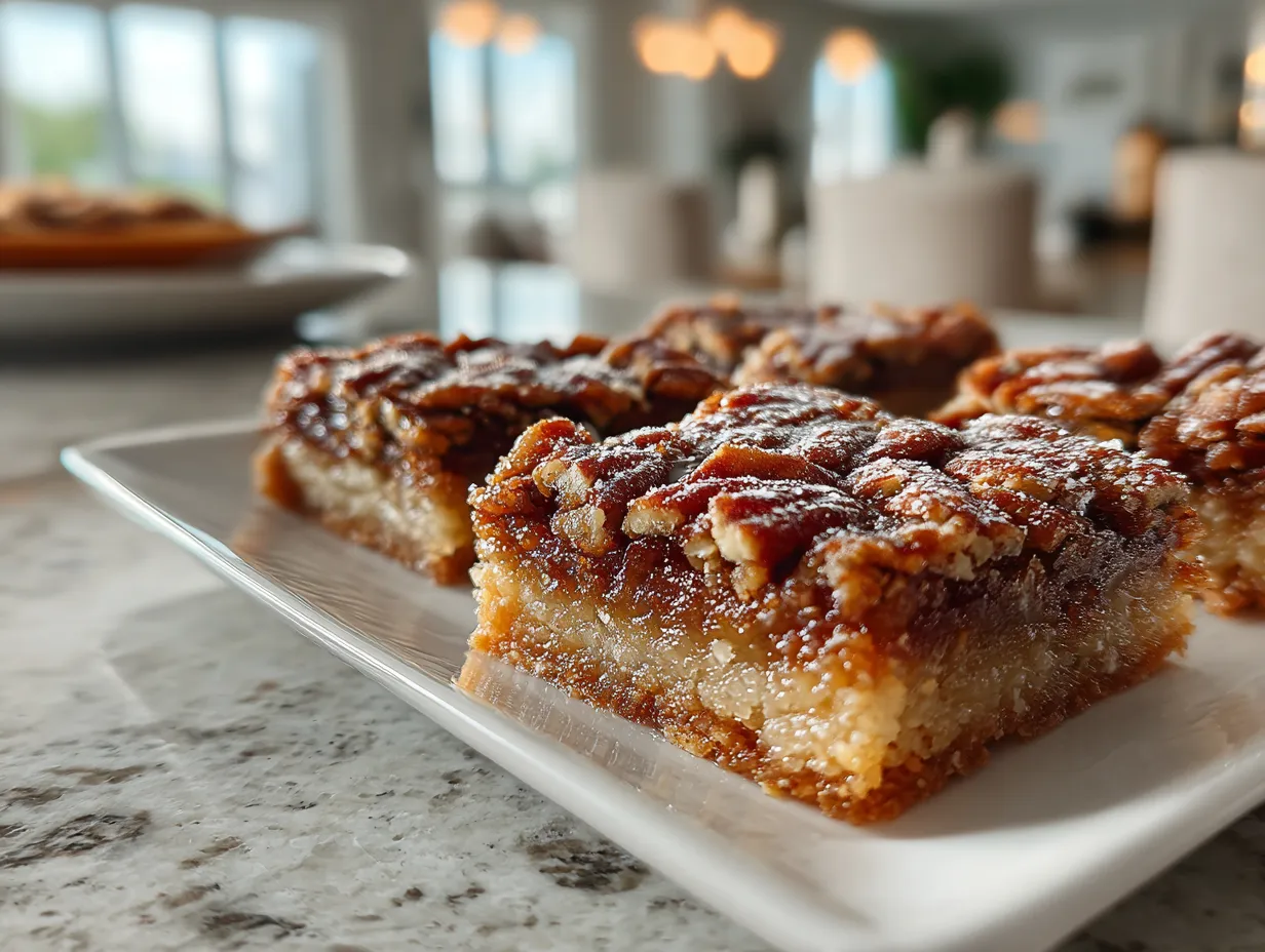 Delicious Southern Pecan Pie Bars cut into squares and ready to enjoy.