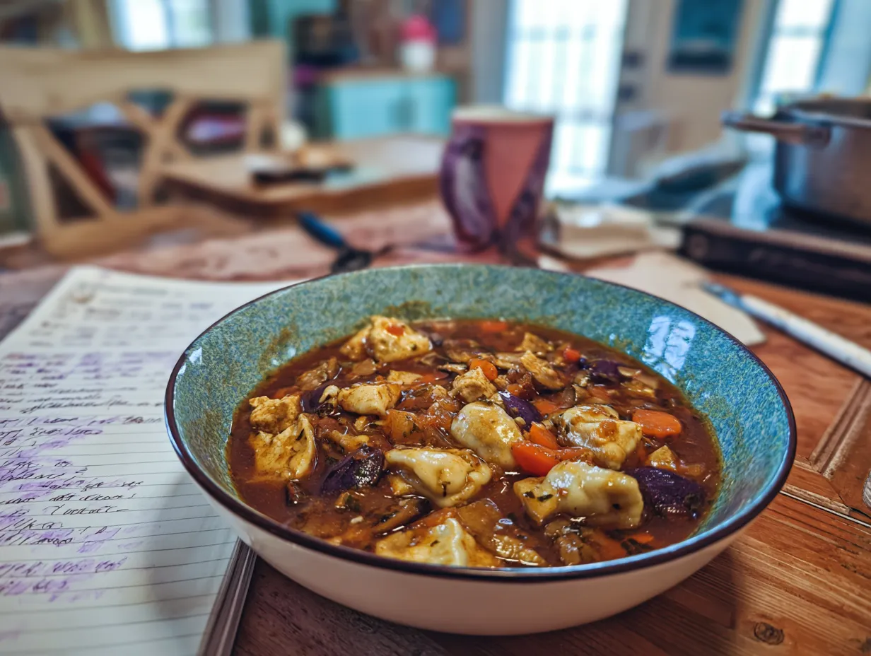 Close-up of a person enjoying a delicious bowl of homemade vegan dumpling stew.