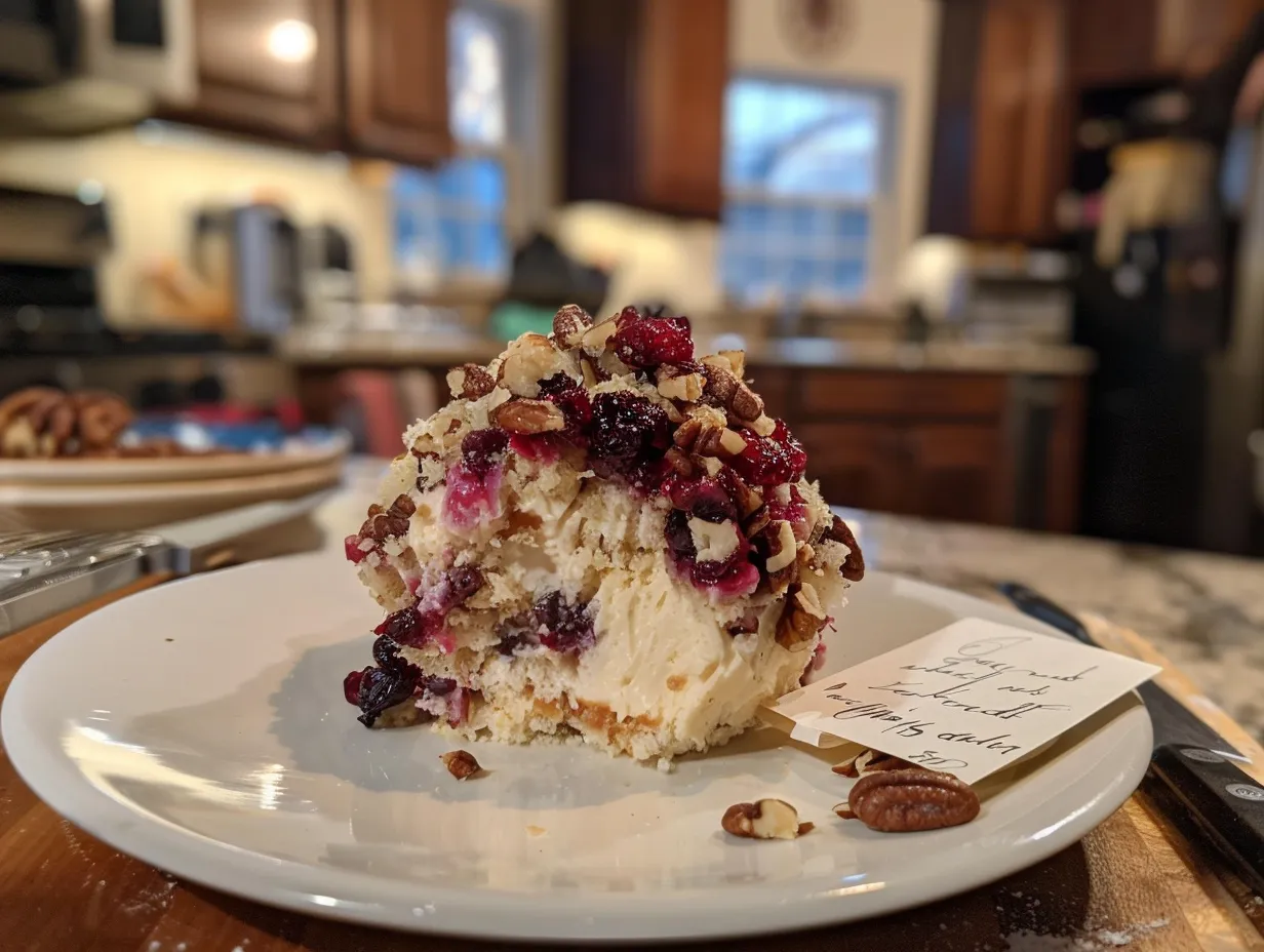 Person enjoying a cranberry pecan cheesecake ball with crackers.