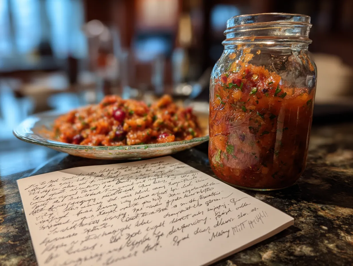 A person enjoying homemade spicy cranberry salsa with chips