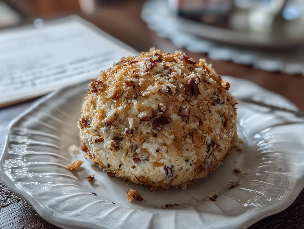 Enjoying a slice of pineapple pecan cheese ball with crackers.