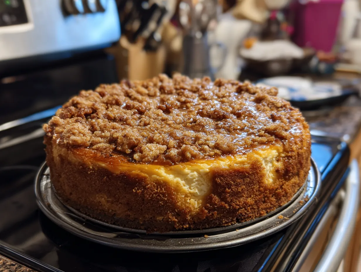 A woman smiling as she eats a slice of Pumpkin Streusel Cheesecake