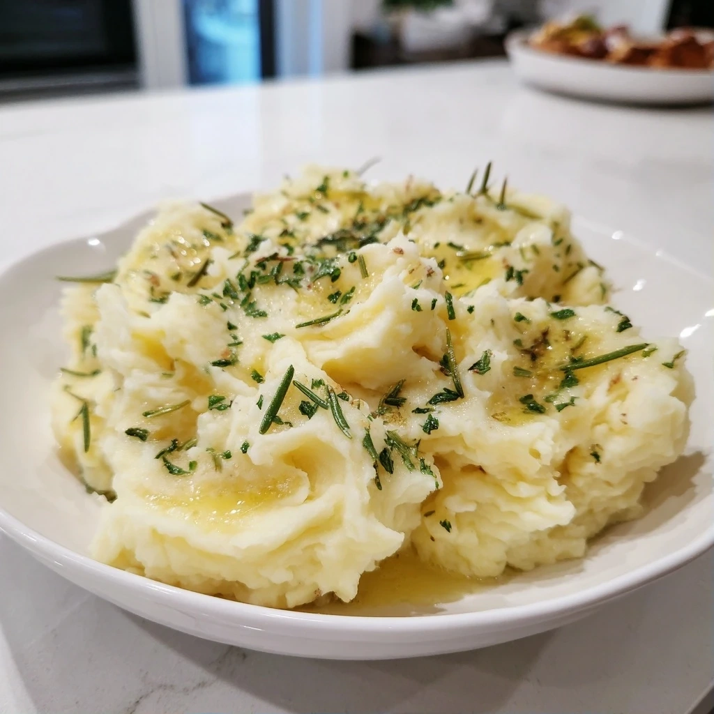 A family enjoying rosemary garlic mashed potatoes around a dinner table.