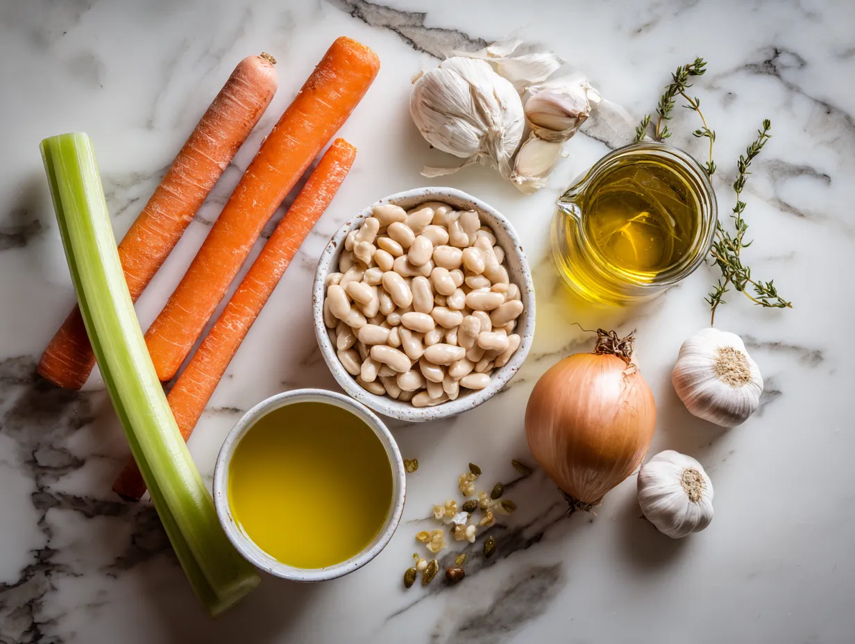 Essential ingredients like cannellini beans, carrots, celery, and spices for making flavorful white bean soup