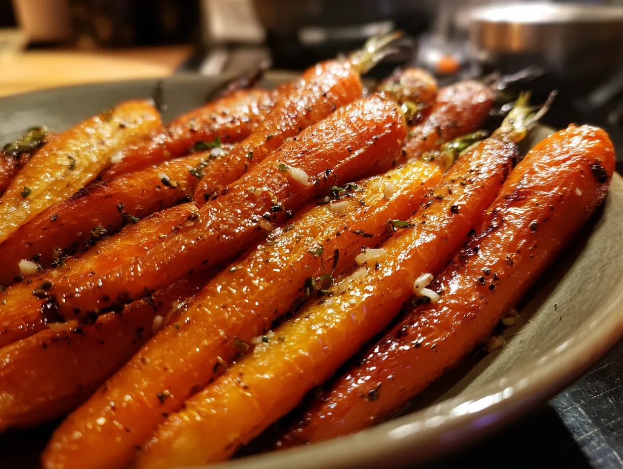 Finished dish of roasted carrots with caramelized edges