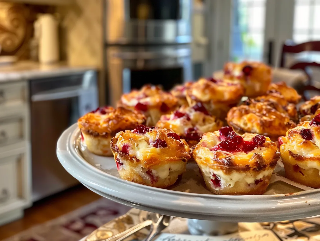 Finished Air Fryer Cranberry Brie Bites arranged on a plate, showcasing their golden-brown puff pastry and melted brie filling.
