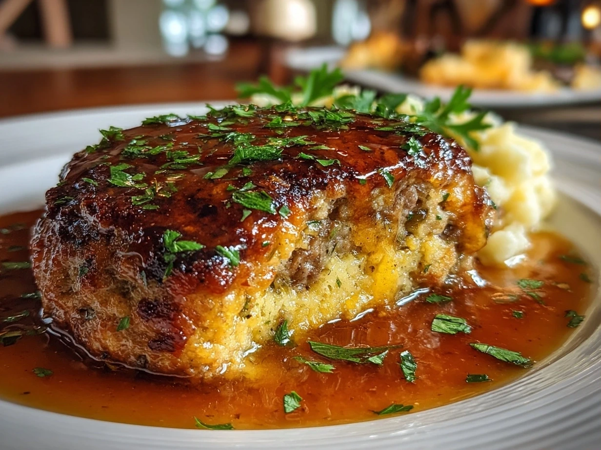 Finished Amish Hamburger Steak Bake with melted cheese ready to serve.